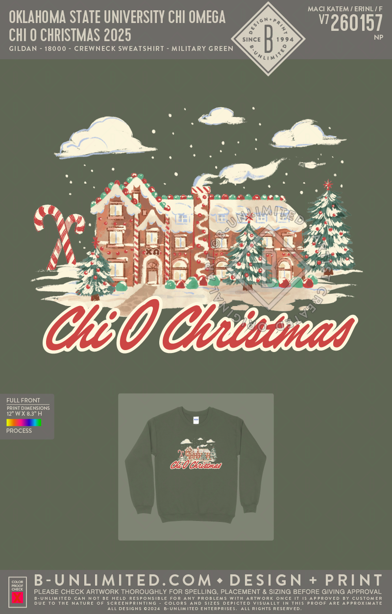 Oklahoma State University Chi Omega - Chi O Christmas 2025 - Gildan - 18000 - Crewneck Sweatshirt - Military Green
