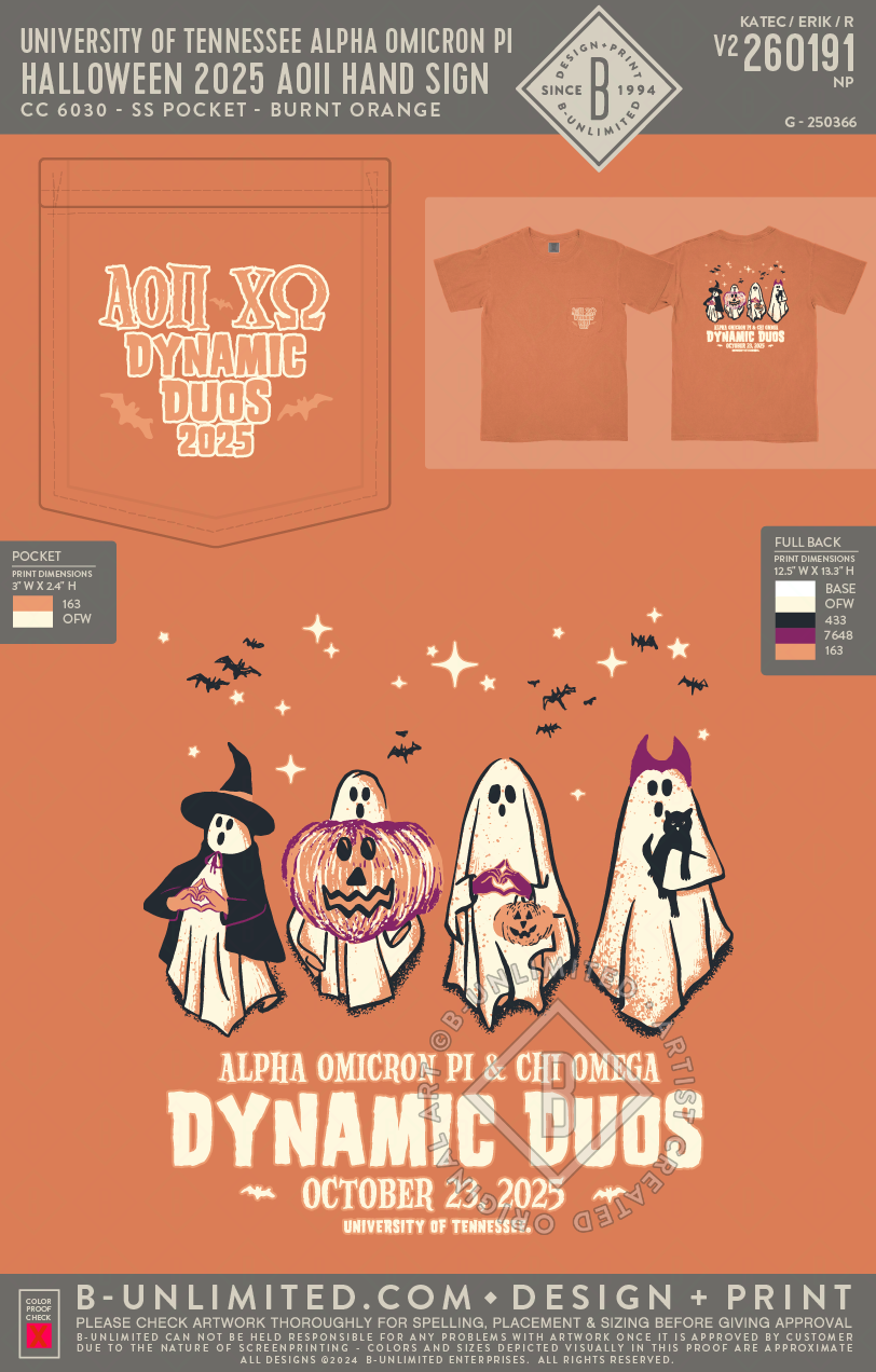 University of Tennessee Alpha Omicron Pi - Halloween 2025 AOII Hand Sign - CC - 6030 - SS Pocket - Burnt Orange