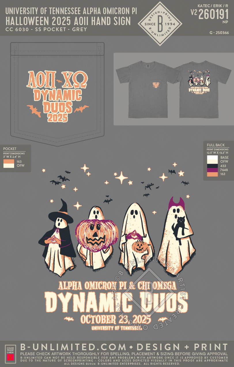 University of Tennessee Alpha Omicron Pi - Halloween 2025 AOII Hand Sign - CC - 6030 - SS Pocket - Grey