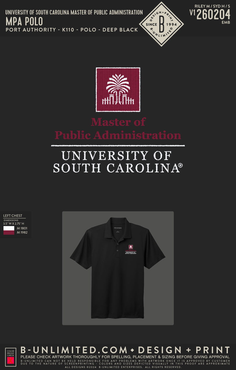 University of South Carolina Master of Public Administration - MPA Polo - Port Authority - K110 - Polo - Deep Black