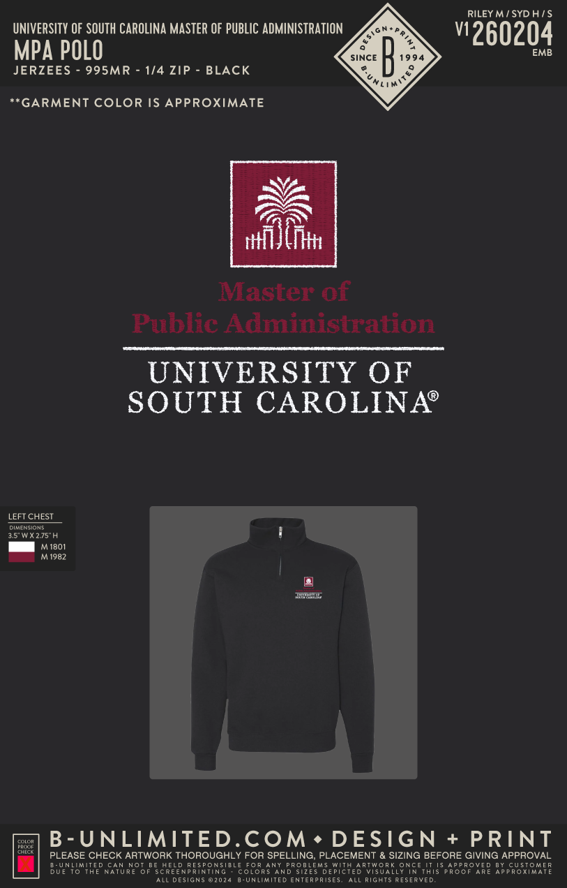 University of South Carolina Master of Public Administration - MPA Polo - Jerzees - 995MR - 1/4 Zip Pullover - Black