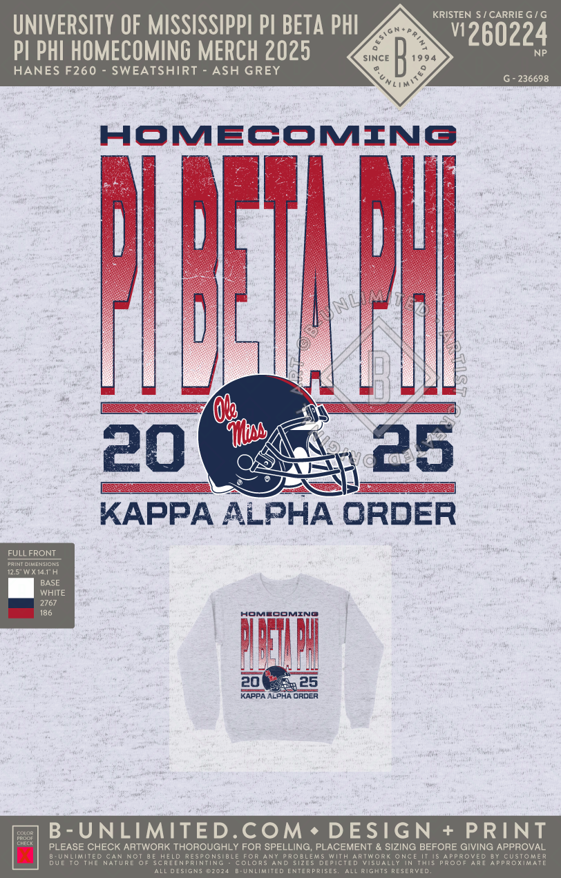 University of Mississippi Pi Beta Phi - Pi Phi Homecoming Merch 2025 - Hanes - F260 - Sweatshirt - Ash