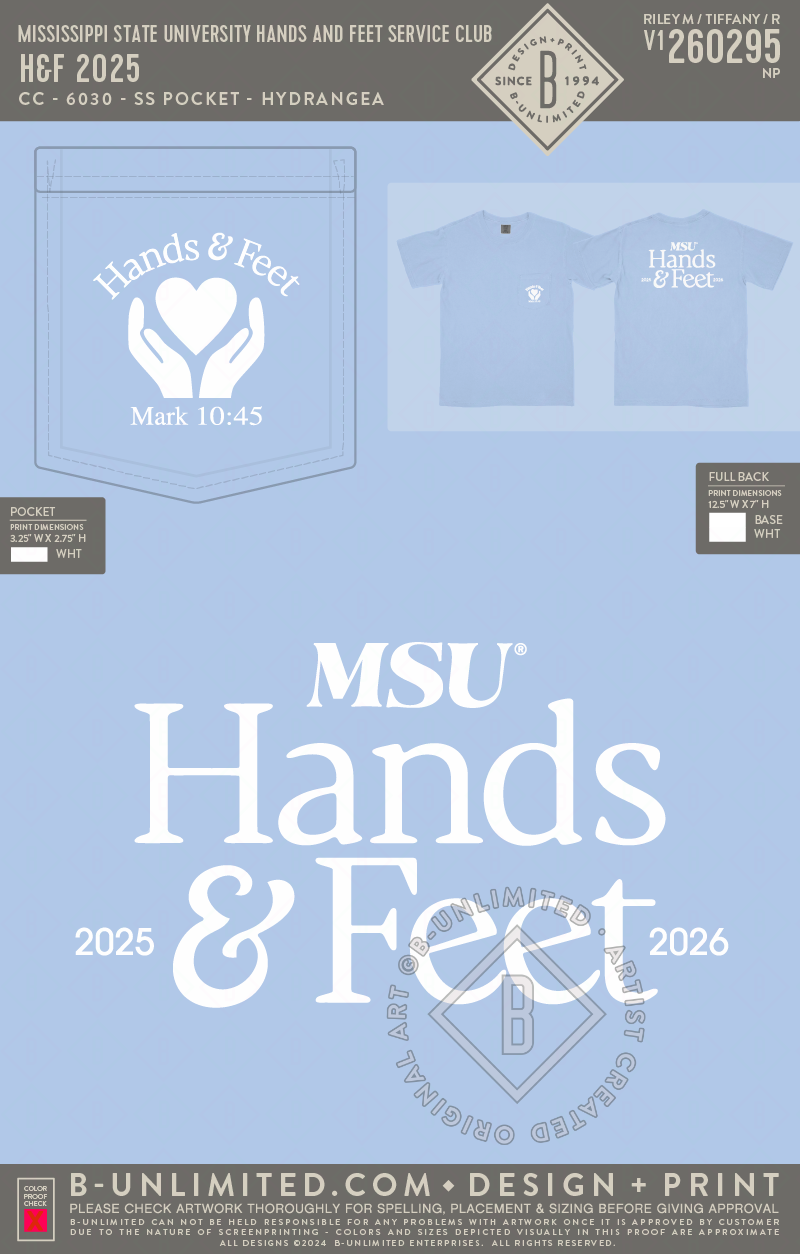 Mississippi State University Hands and Feet Service Club - H&F 2025 - CC - 6030 - SS Pocket - Hydrangea