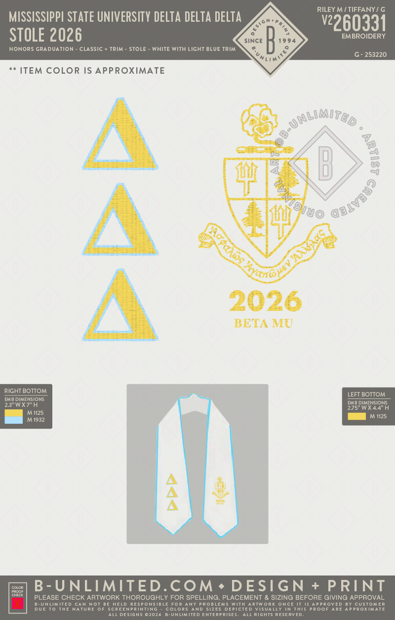 Mississippi State University Delta Delta Delta - Stole 2026 - Honors Graduation - Classic + Trim - Stole - White with Light Blue Trim