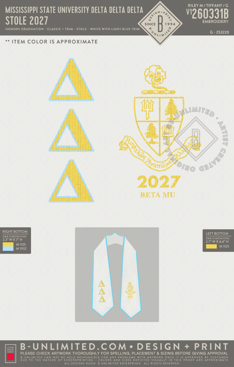 Mississippi State University Delta Delta Delta - Stole 2027 - Honors Graduation - Classic + Trim - Stole - White with Light Blue Trim