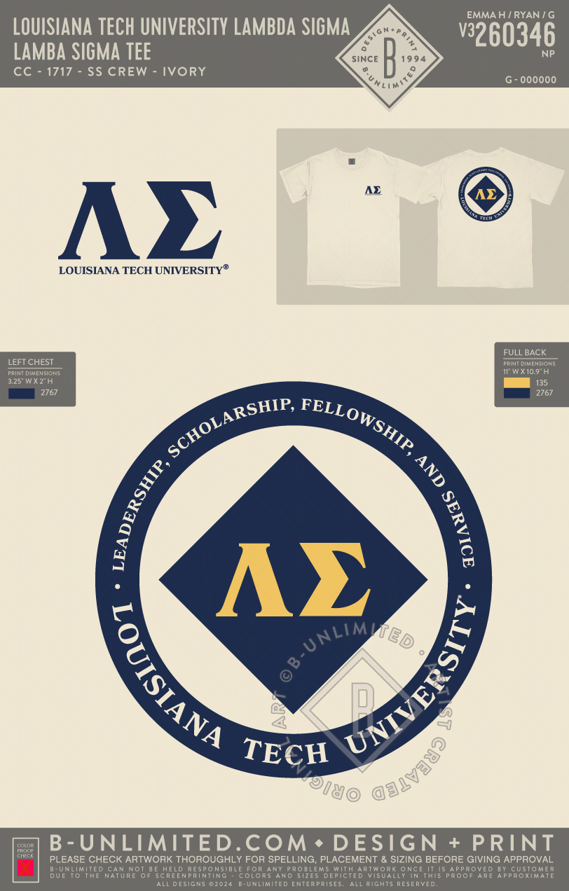 Louisiana Tech University Lambda Sigma - Lamba Sigma Tee - CC - 1717 - SS Crew - Ivory