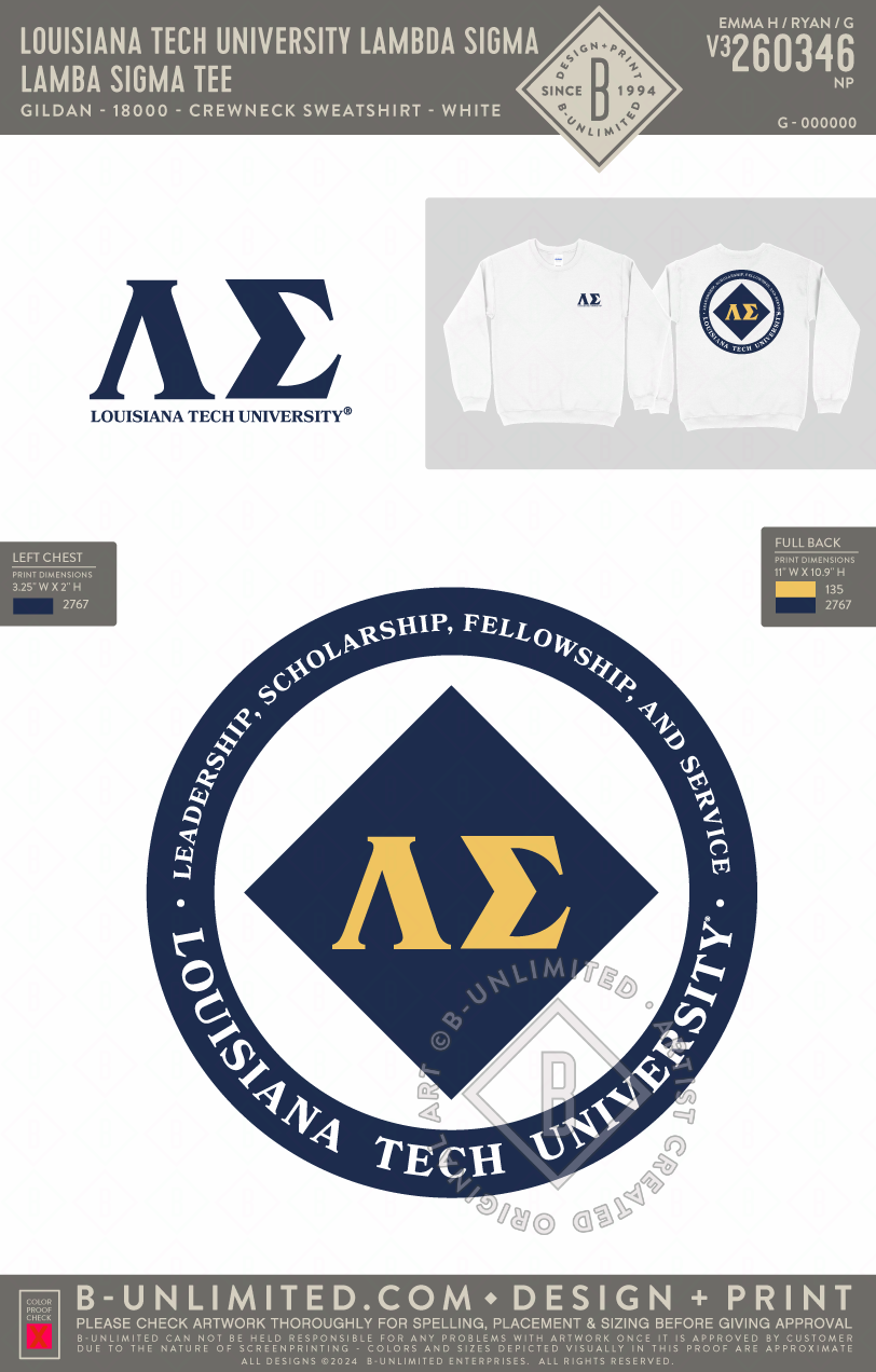 Louisiana Tech University Lambda Sigma - Lamba Sigma Tee - Gildan - 18000 - Crewneck Sweatshirt - White