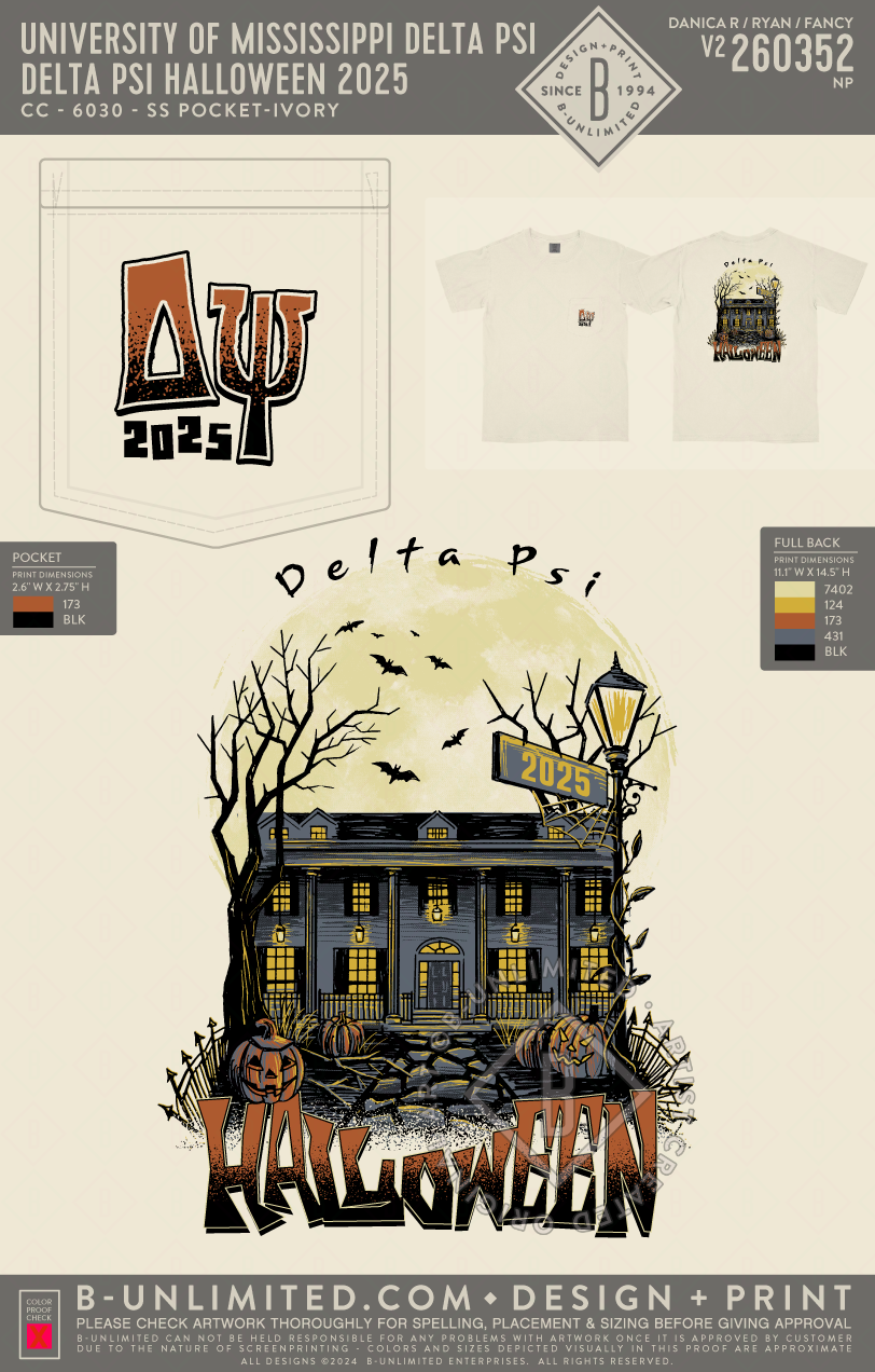 University of Mississippi Delta Psi - Delta Psi Halloween 2025 - CC - 6030 - SS Pocket - Ivory