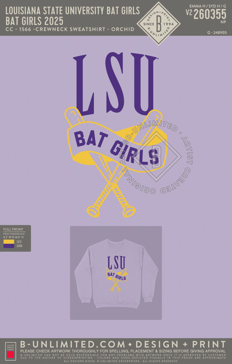 Louisiana State University Bat Girls - Bat Girls 2025 - CC - 1566 - Sweatshirt - Orchid