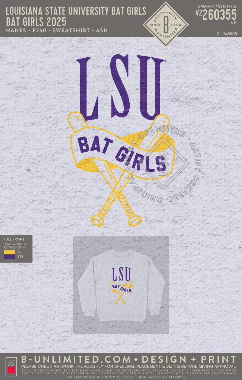 Louisiana State University Bat Girls - Bat Girls 2025 - Hanes - F260 - Sweatshirt - Ash