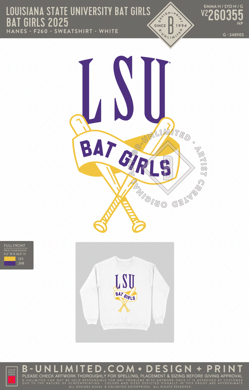 Louisiana State University Bat Girls - Bat Girls 2025 - Hanes - F260 - Sweatshirt - White
