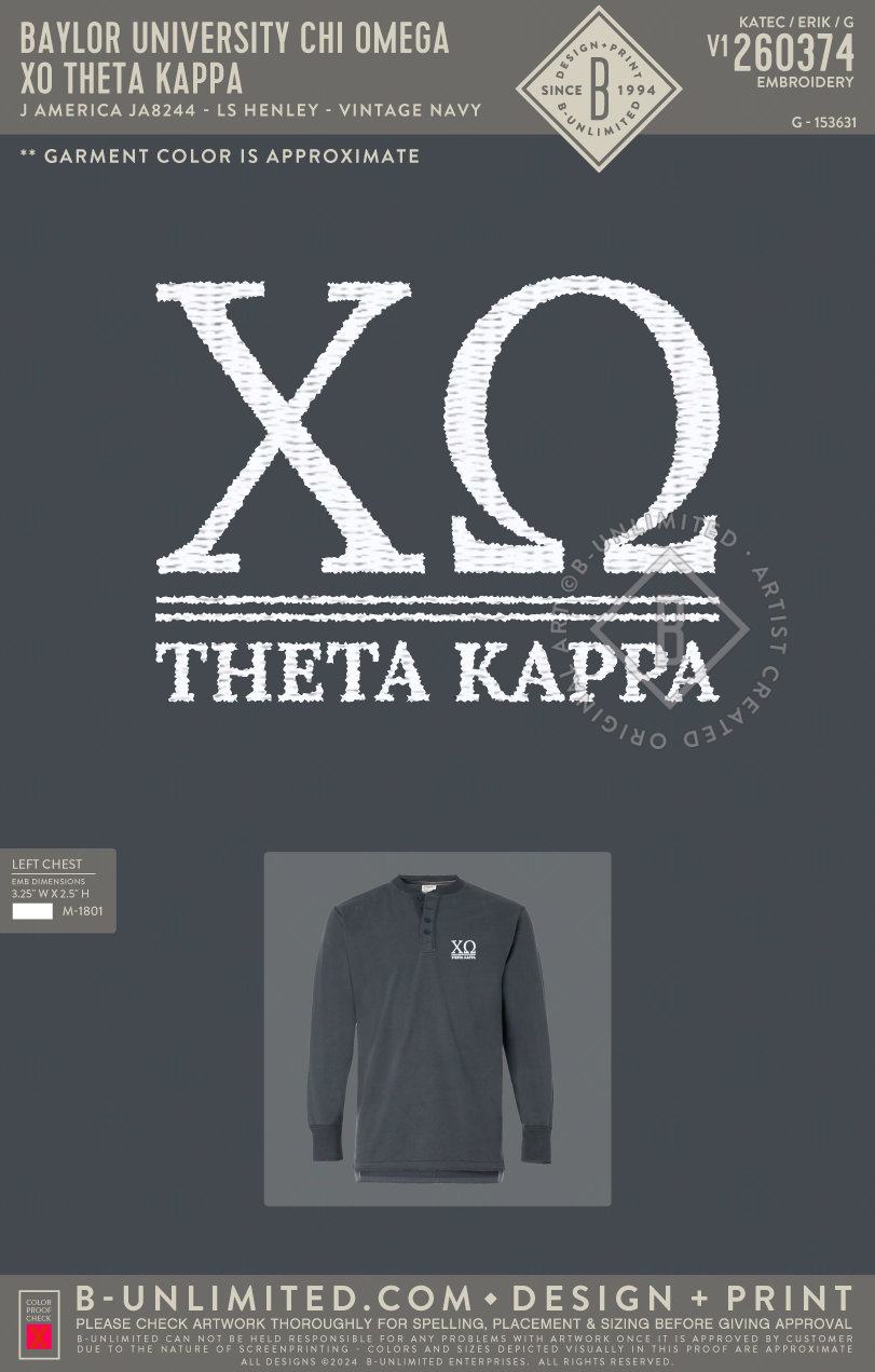 Baylor University Chi Omega - XO Theta Kappa - J America - JA8244 - LS Henley - Vintage Navy