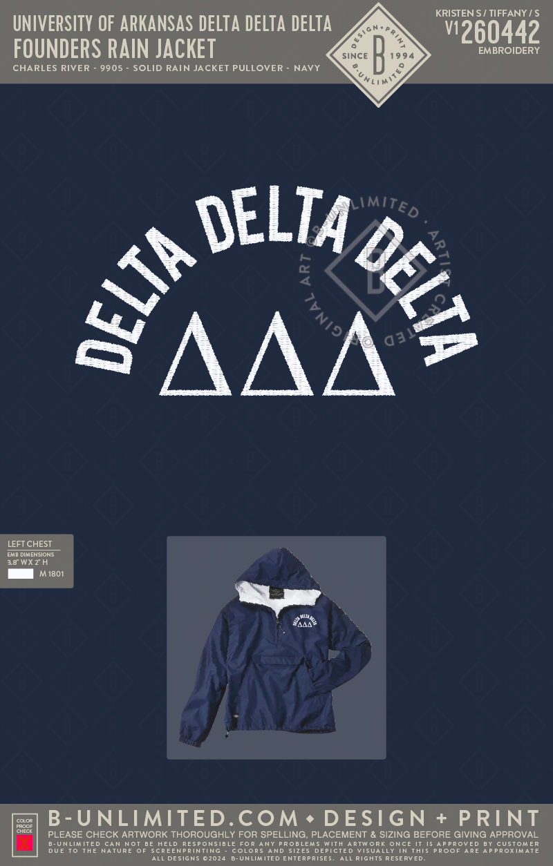 University of Arkansas Delta Delta Delta - Founders Rain Jacket - Charles River - 9905 - Solid Rain Jacket Pullover - Navy