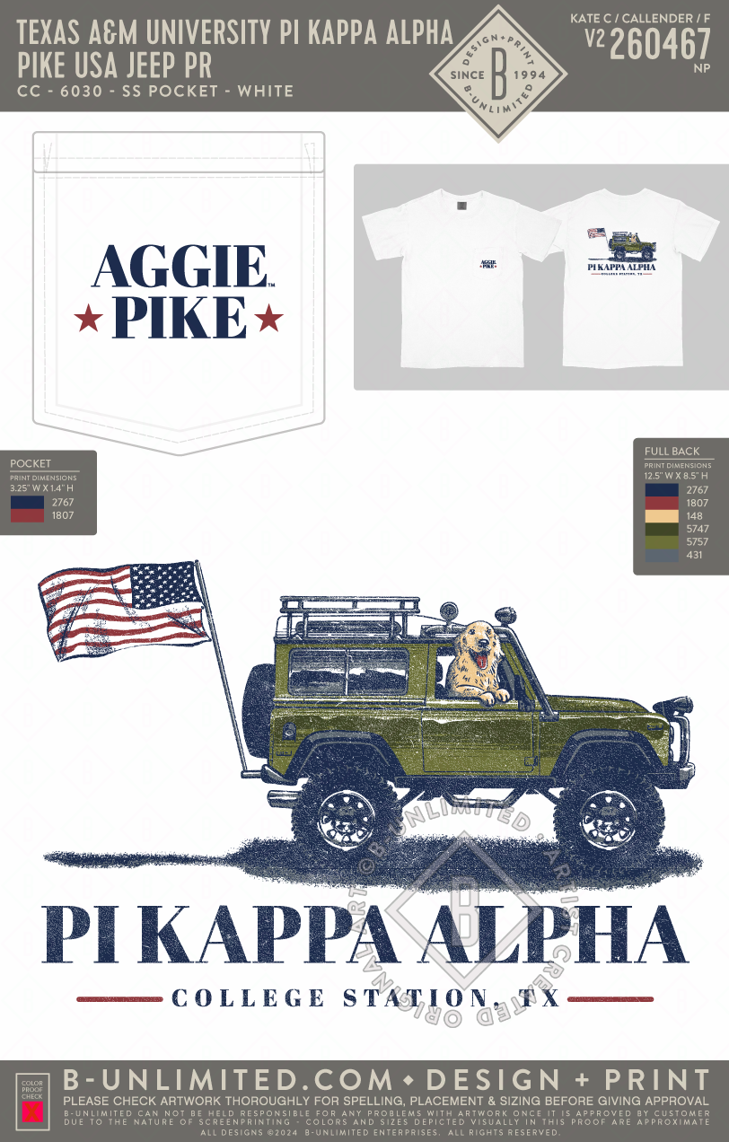 Texas A&M University Pi Kappa Alpha - Pike USA Jeep PR - CC - 6030 - SS Pocket - White