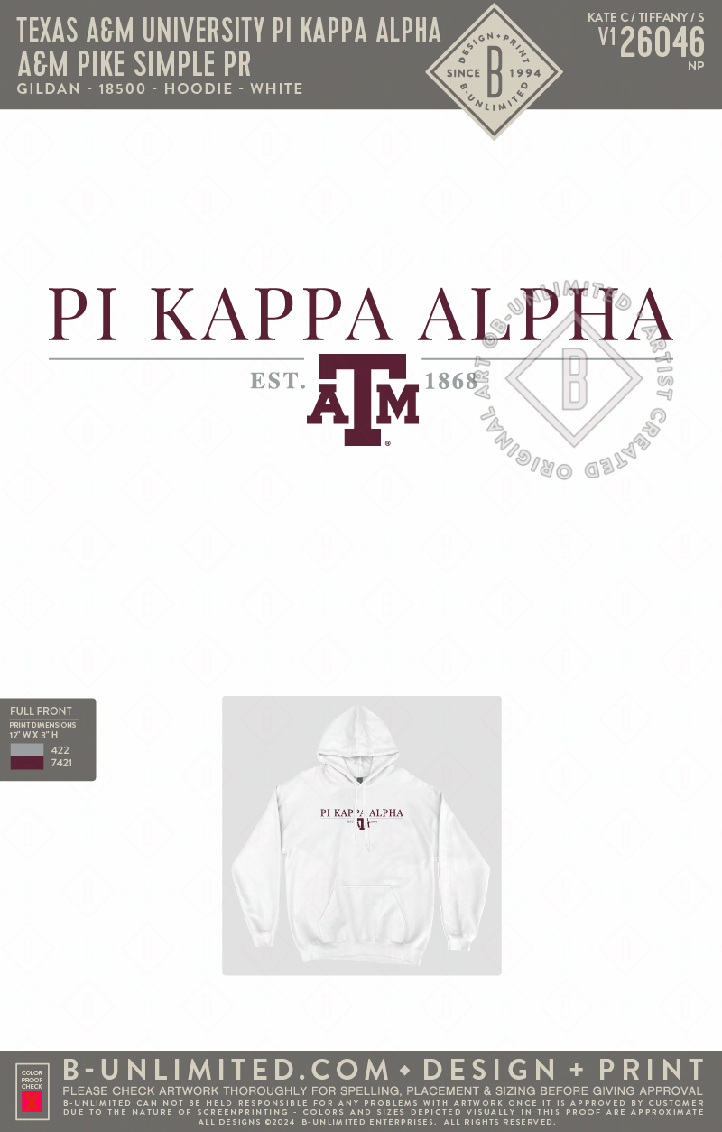 Texas A&M University Pi Kappa Alpha - A&M Pike Simple PR - Gildan - 18500 - Hoodie - White