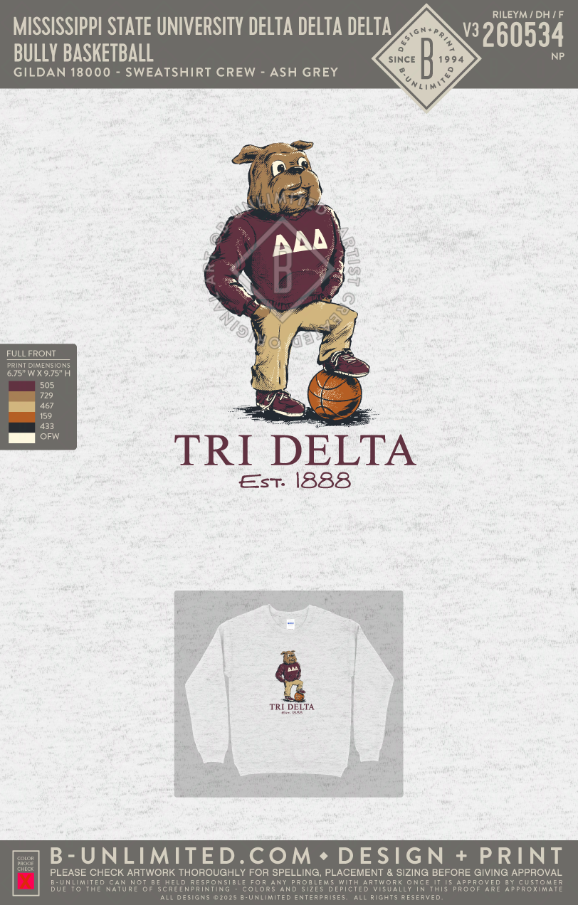 Mississippi State University Delta Delta Delta - Bully Basketball - Gildan - 18000 - Crewneck Sweatshirt - Ash Grey