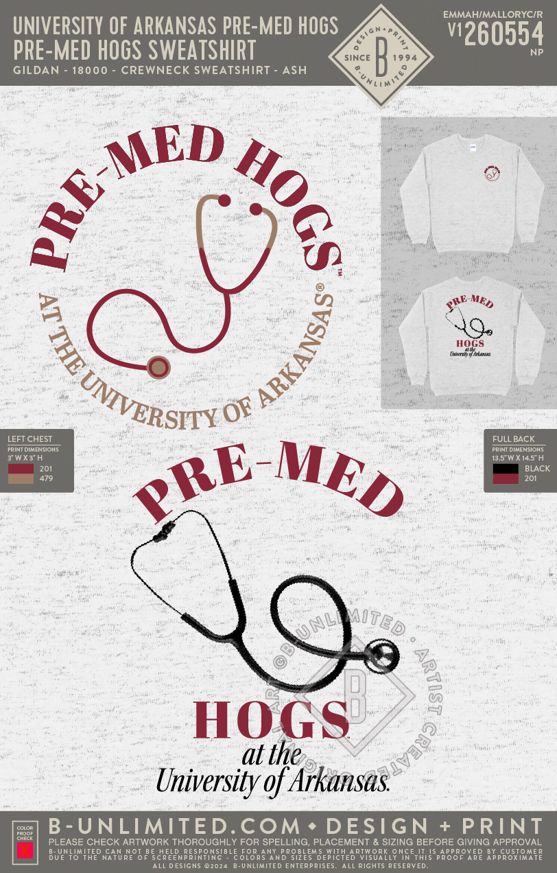 University of Arkansas Pre-Med Hogs - Pre-Med Hogs Sweatshirt - Gildan - 18000 - Crewneck Sweatshirt - Ash Grey
