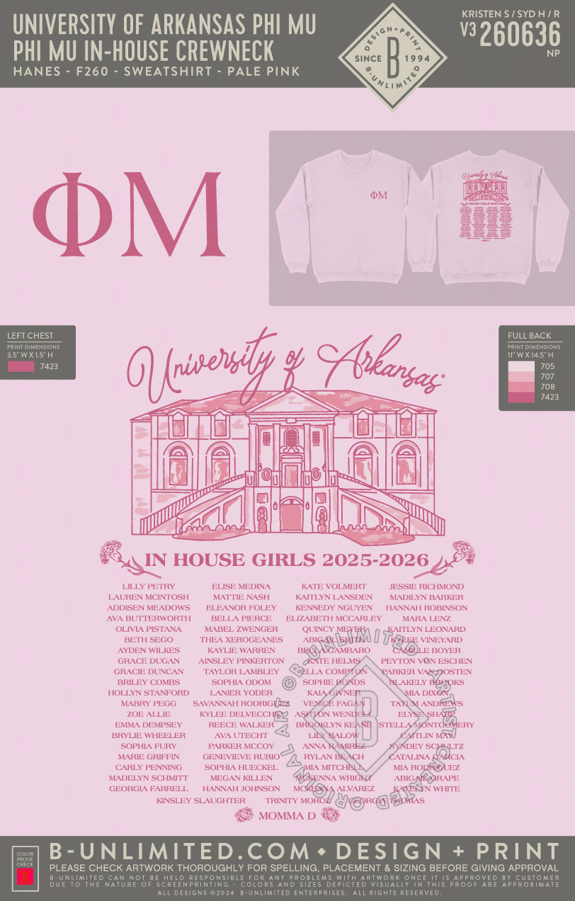 University of Arkansas Phi Mu - Phi Mu In-House Crewneck - Hanes - F260 - Sweatshirt - Pale Pink