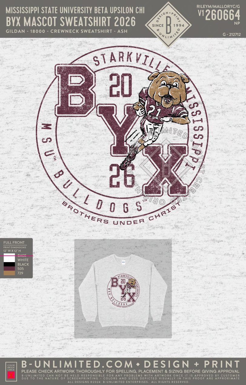 Mississippi State University Beta Upsilon Chi - BYX Mascot Sweatshirt 2026 - Gildan - 18000 - Crewneck Sweatshirt - Ash Grey