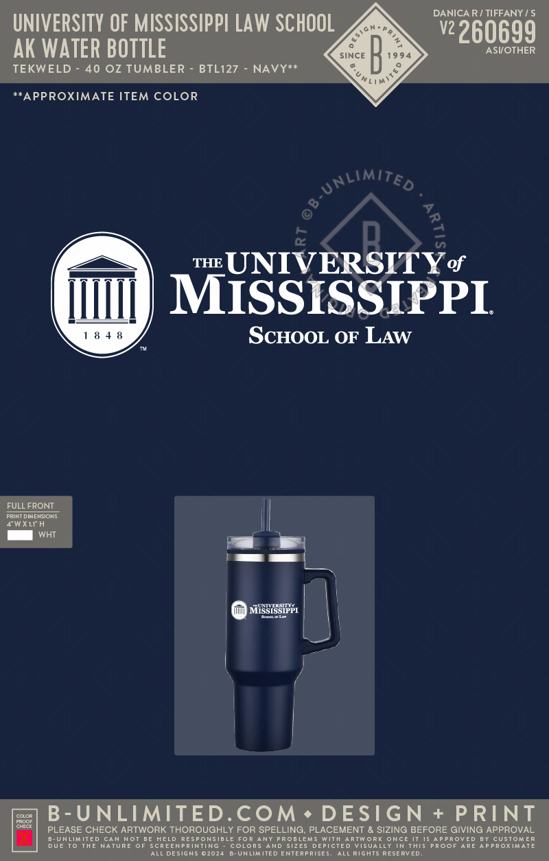 University of Mississippi Law School - AK water bottle - Tekweld - BTL127 - 40z Tumbler - Navy