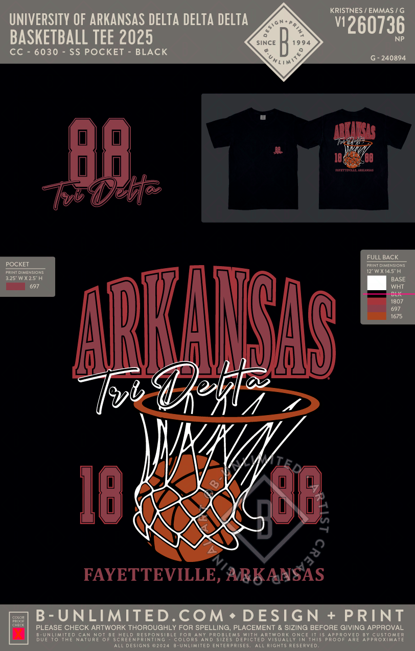 University of Arkansas Delta Delta Delta - Basketball Tee 2025 - CC - 6030 - SS Pocket - Black