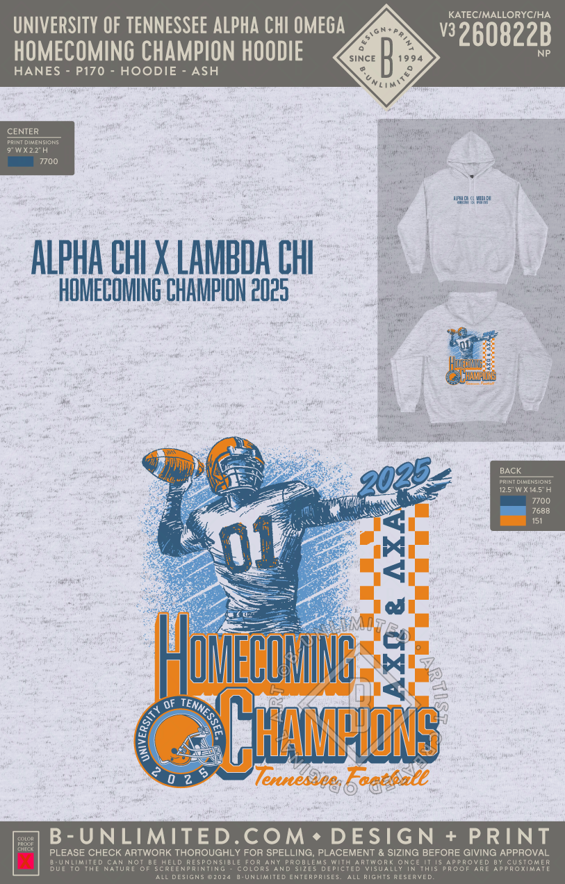 University of Tennessee Alpha Chi Omega - Homecoming Champion Hoodie - Hanes - P170 - Hoodie - Ash