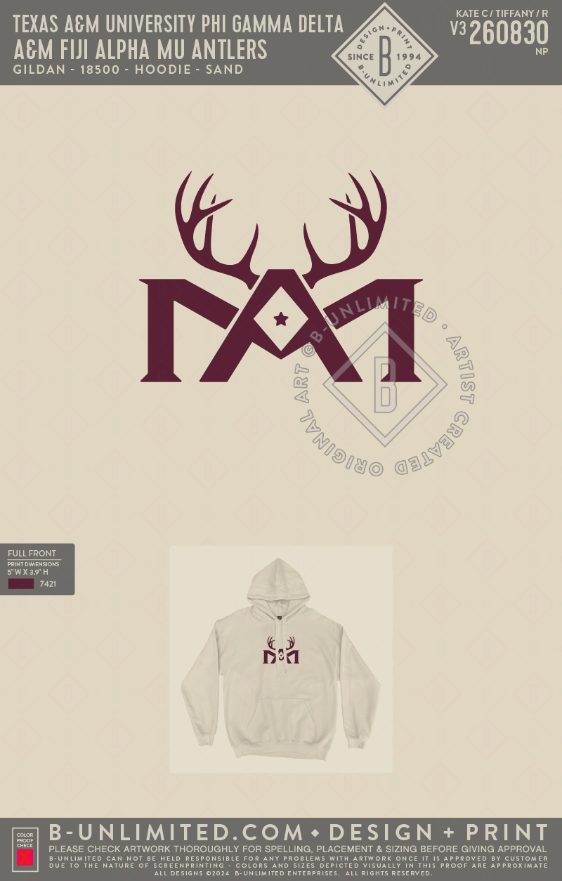 Texas A&M University Phi Gamma Delta - A&M FIJI Alpha Mu Antlers - Gildan - 18500 - Hoodie - Sand