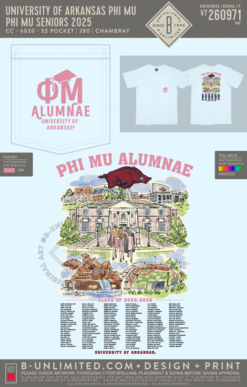 University of Arkansas Phi Mu - Phi Mu Seniors 2025 - CC - 6030 - SS Pocket - Chambray