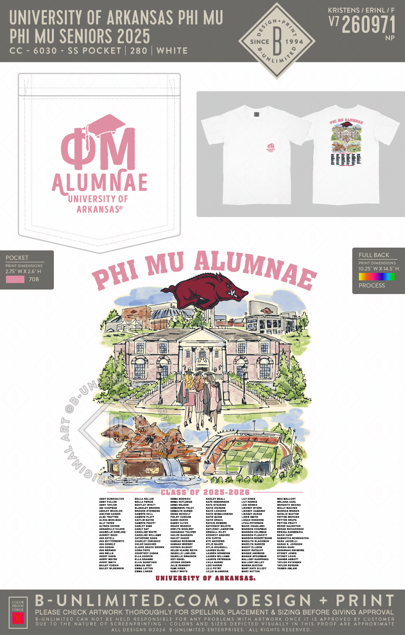 University of Arkansas Phi Mu - Phi Mu Seniors 2025 - CC - 6030 - SS Pocket - White