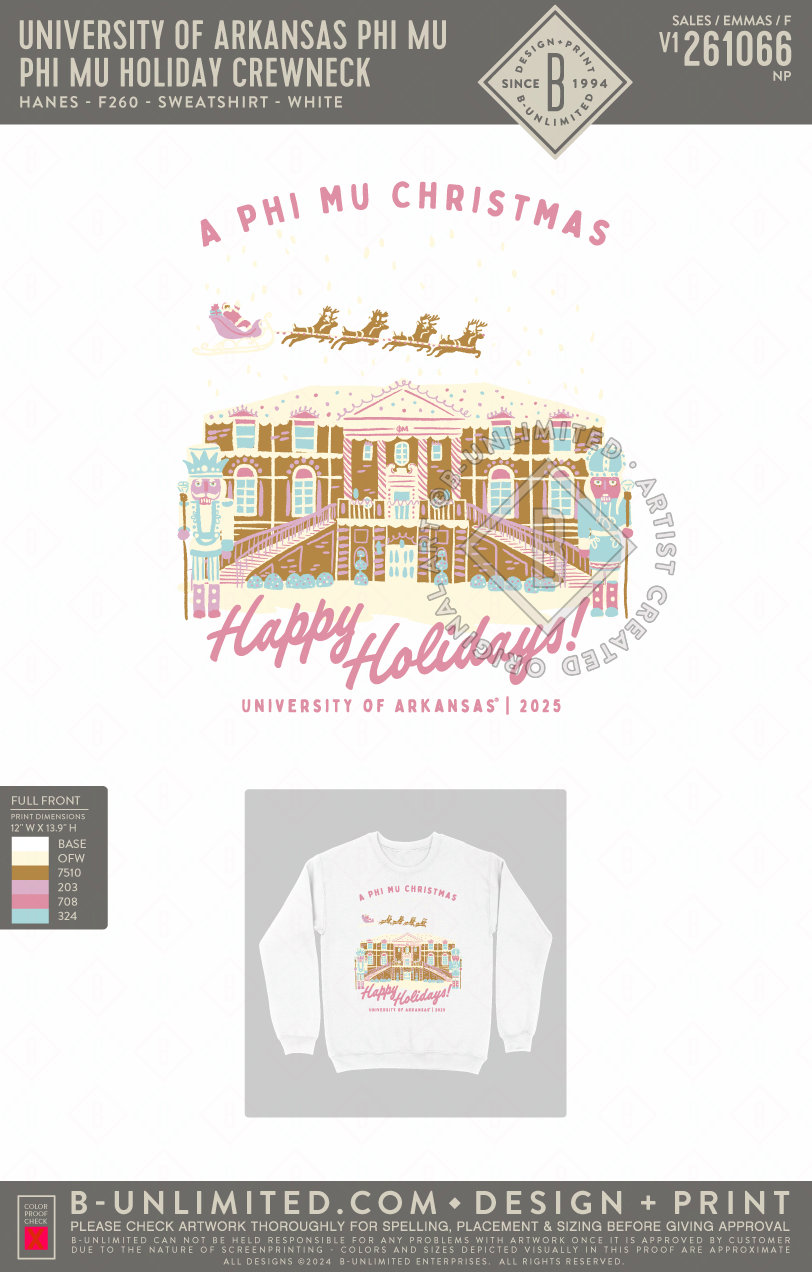 University of Arkansas Phi Mu - Phi Mu Holiday Crewneck - Hanes - F260 - Sweatshirt - White
