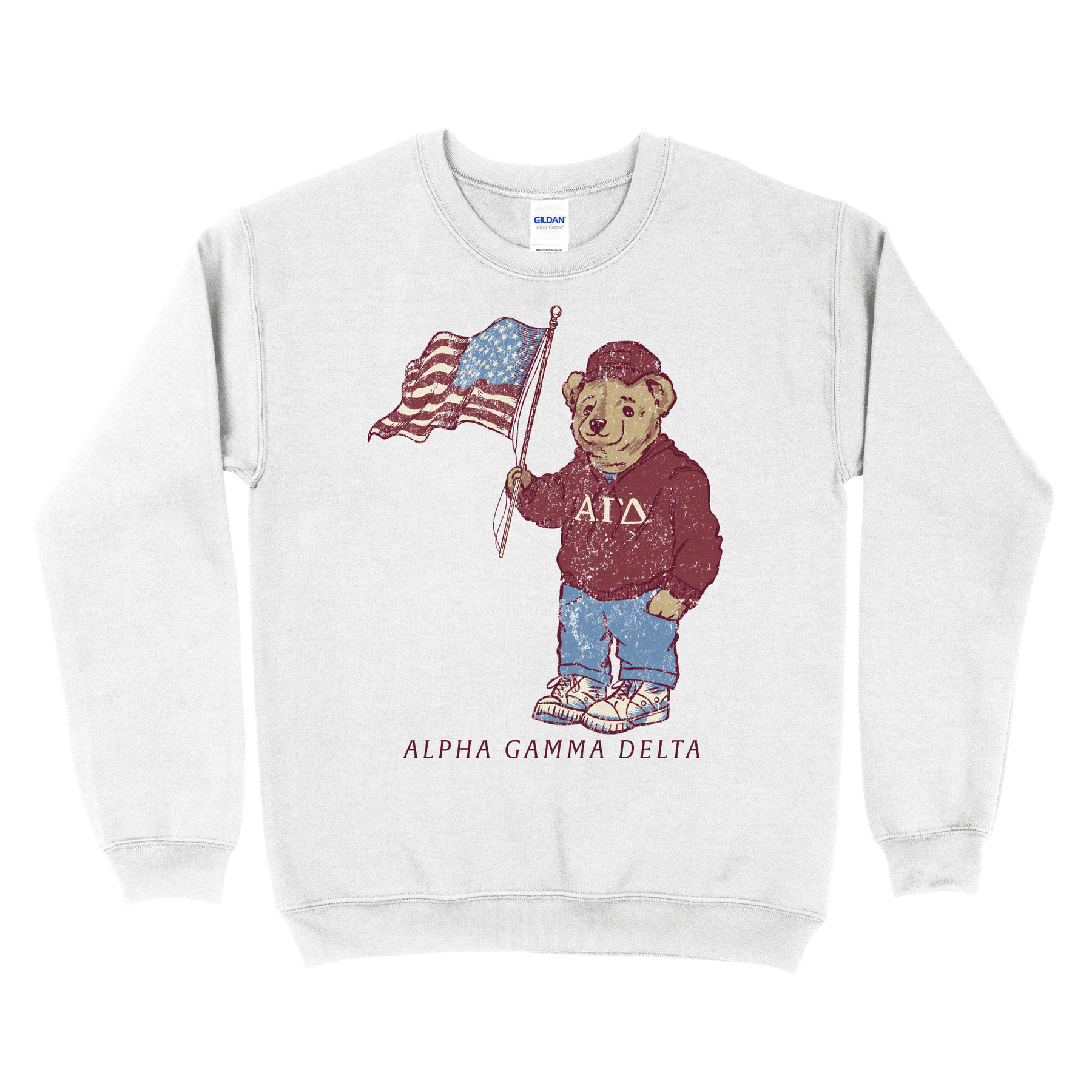 B-Unlimited Greek - American Bear - Alpha Gamma Delta - Gildan - 18000 - Crewneck Sweatshirt - White