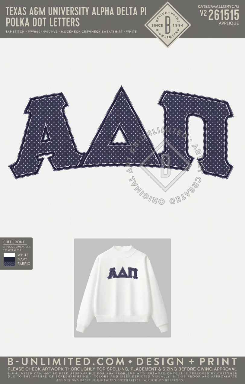 Texas A&M University Alpha Delta Pi - Polka Dot Letters - Tap Stitch - WW0004-P001-V2 - Mockneck Crewneck Sweatshirt - White