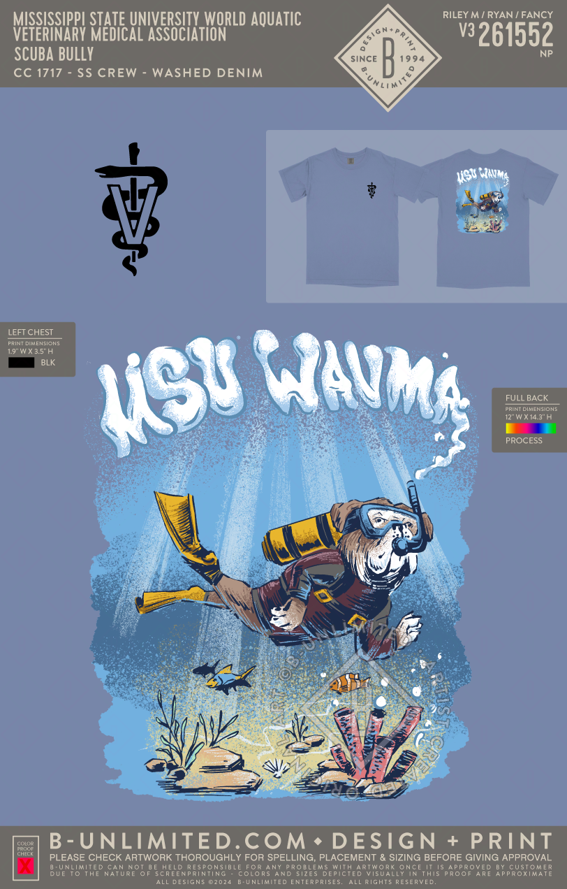 Mississippi State University World Aquatic Veterinary Medical Association - Scuba Bully - CC - 1717 - SS Crew - Washed Denim