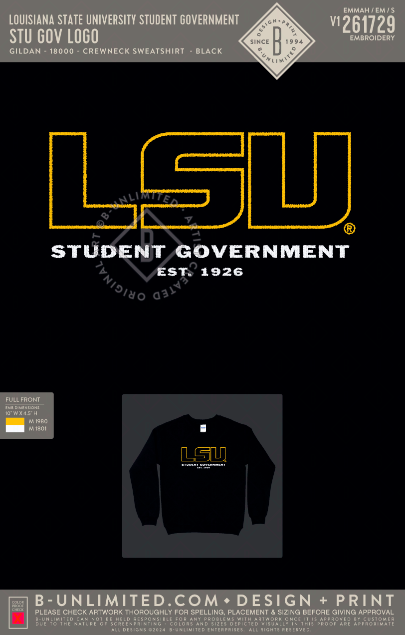 Louisiana State University Student Government - Stu Gov logo - Gildan - 18000 - Crewneck Sweatshirt - Black