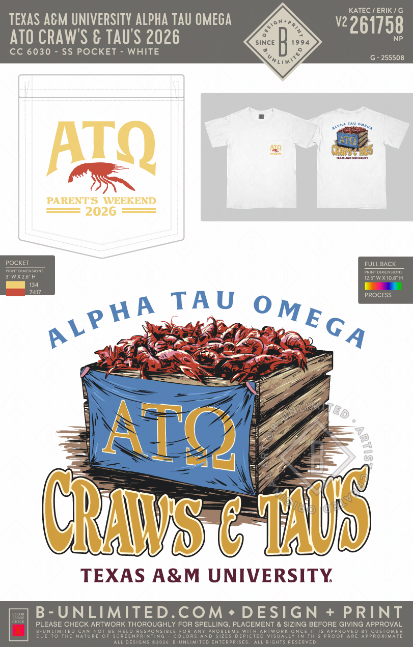 Texas A&M University Alpha Tau Omega - ATO Craw's & Tau's 2026 (EOS26) - CC - 6030 - SS Pocket - White