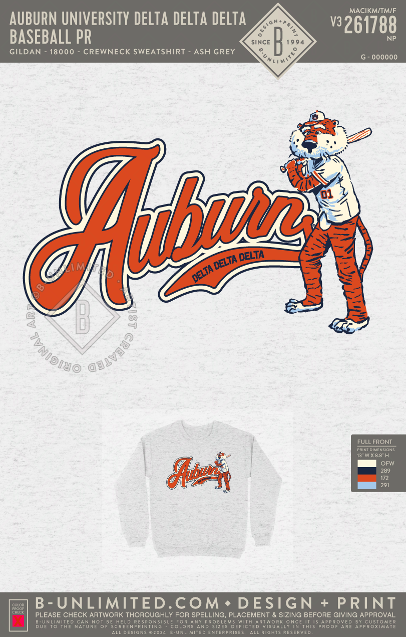 Auburn University Delta Delta Delta - baseball pr (EOS26) - Gildan - 18000 - Crewneck Sweatshirt - Ash Grey