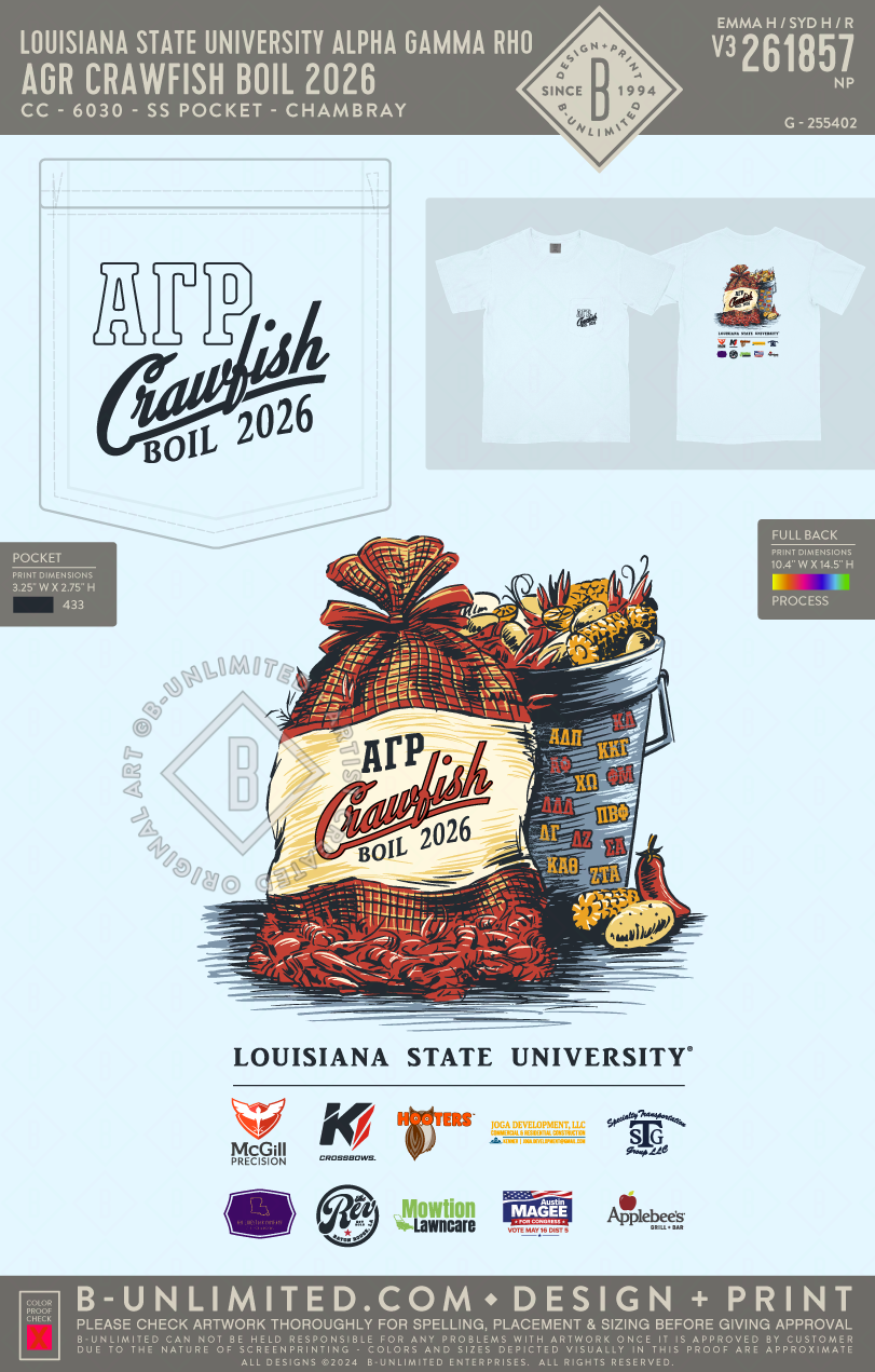Louisiana State University Alpha Gamma Rho - AGR Crawfish Boil 2026 (EOS26) - CC - 6030 - SS Pocket - Chambray