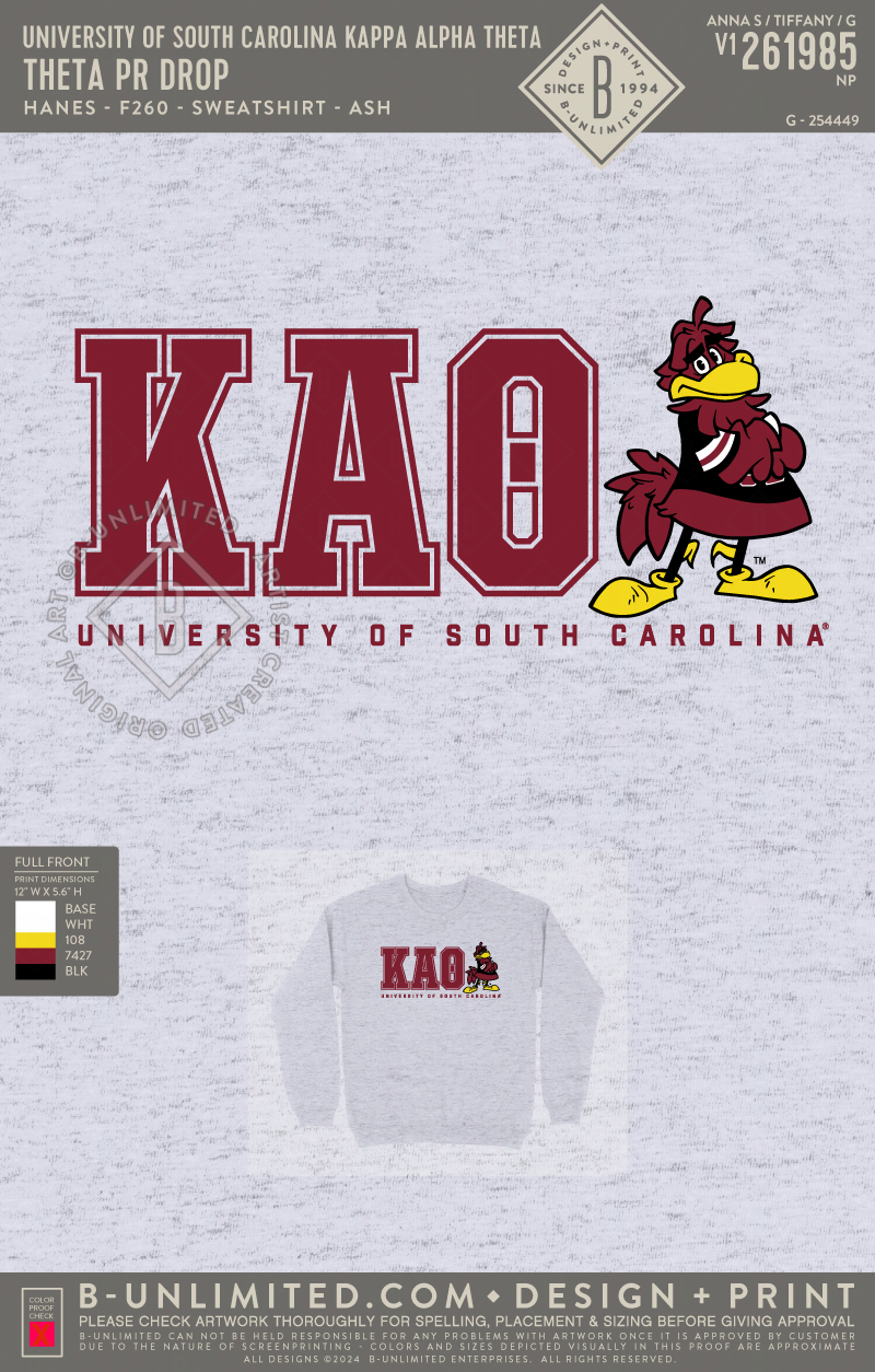 University of South Carolina Kappa Alpha Theta - Theta PR Drop (EOS26) - Hanes - F260 - Sweatshirt - Ash