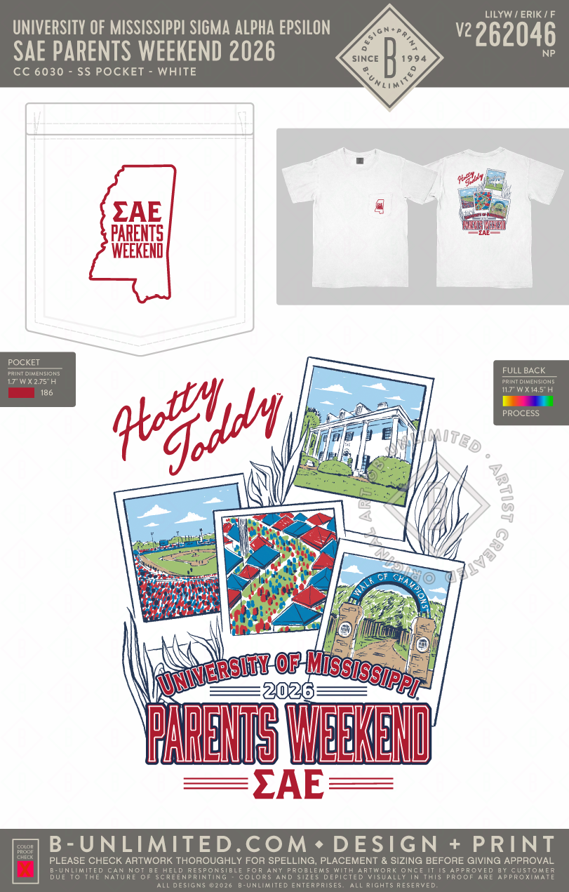 University of Mississippi Sigma Alpha Epsilon - SAE Parents Weekend 2026 - CC - 6030 - SS Pocket - White