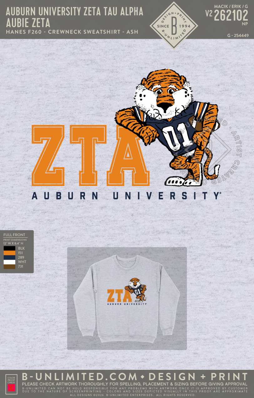 Auburn University Zeta Tau Alpha - Aubie Zeta (EOS26) - Hanes - F260 - Sweatshirt - Ash