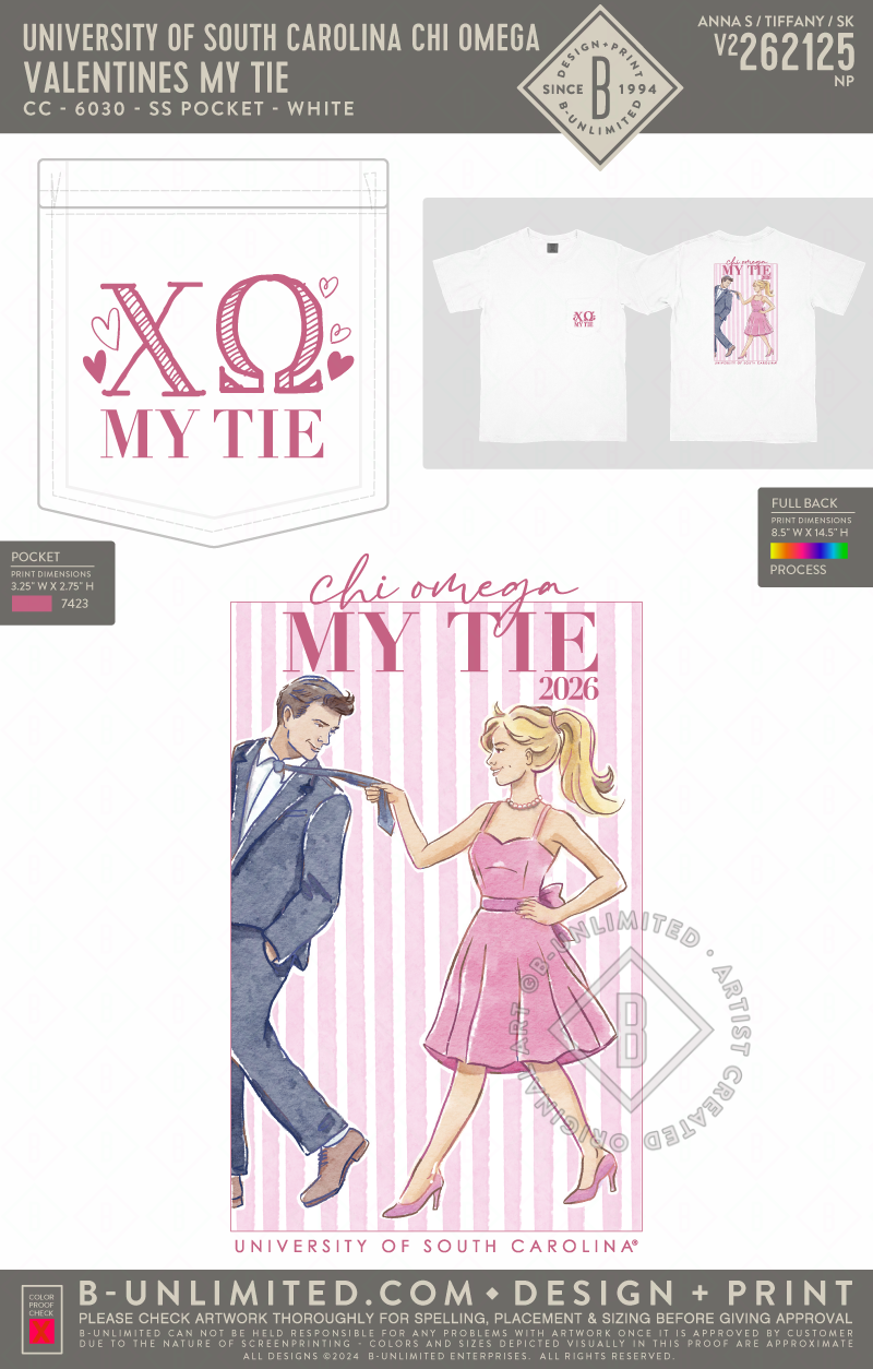 University of South Carolina Chi Omega - Valentines My Tie (EOS26) - CC - 6030 - SS Pocket - White