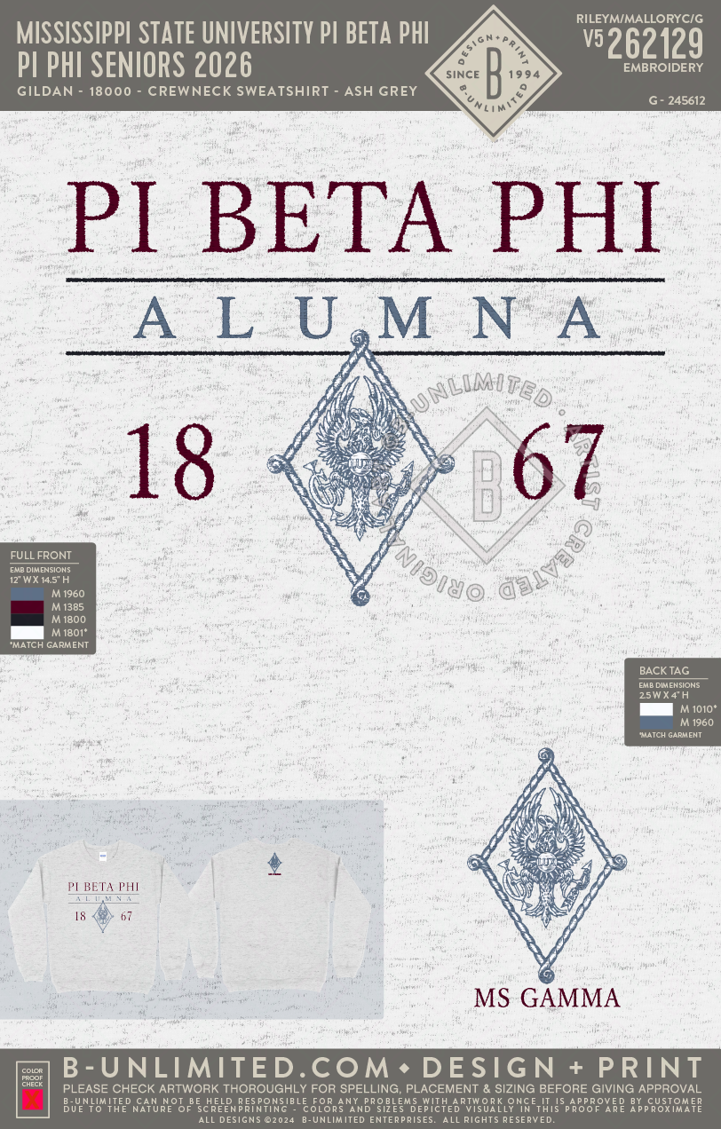 Mississippi State University Pi Beta Phi - Pi Phi Seniors 2026 - Gildan - 18000 - Crewneck Sweatshirt - Ash Grey