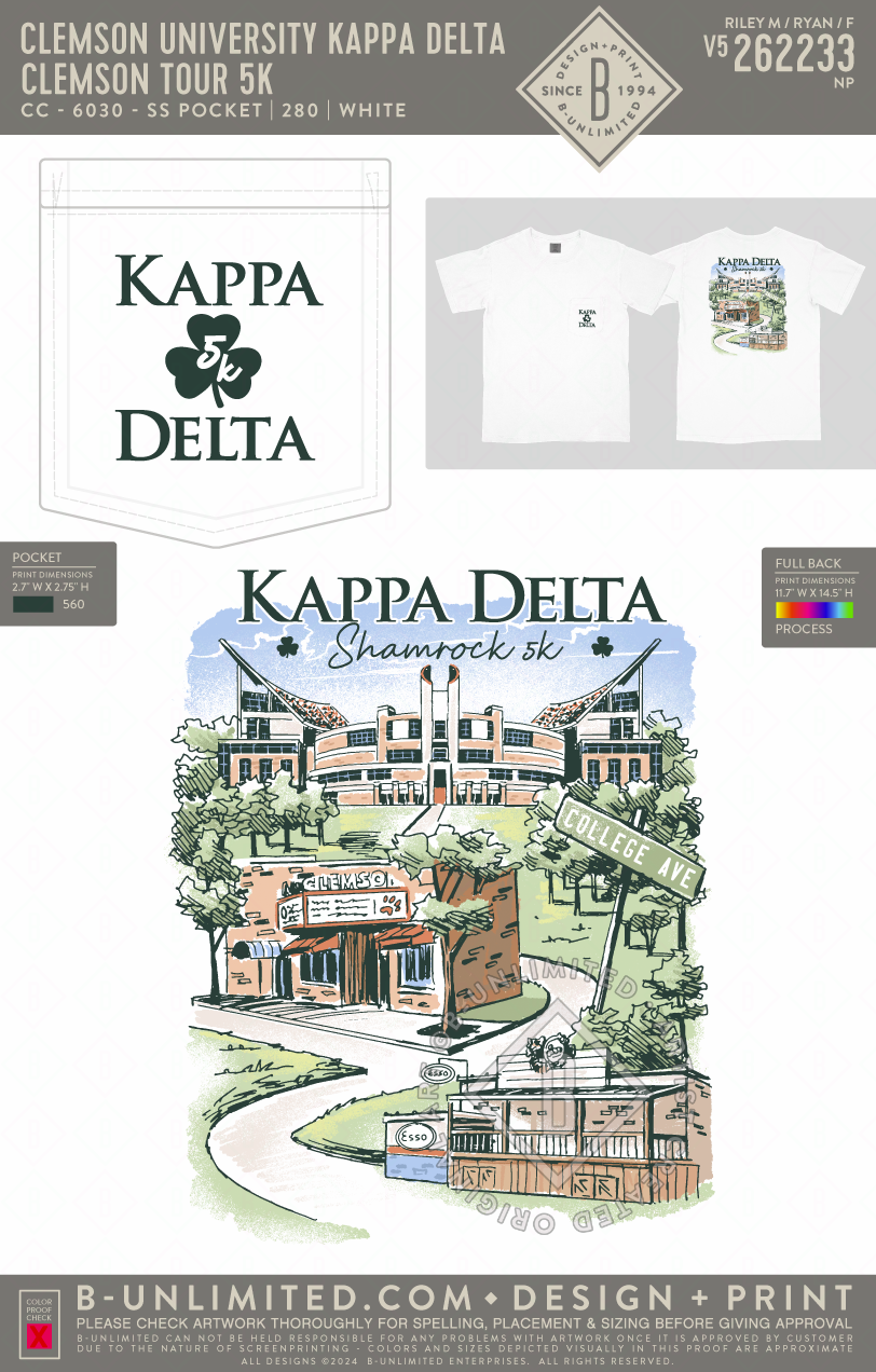 Clemson University Kappa Delta - Clemson Tour 5K(EOS26) - CC - 6030 - SS Pocket - White