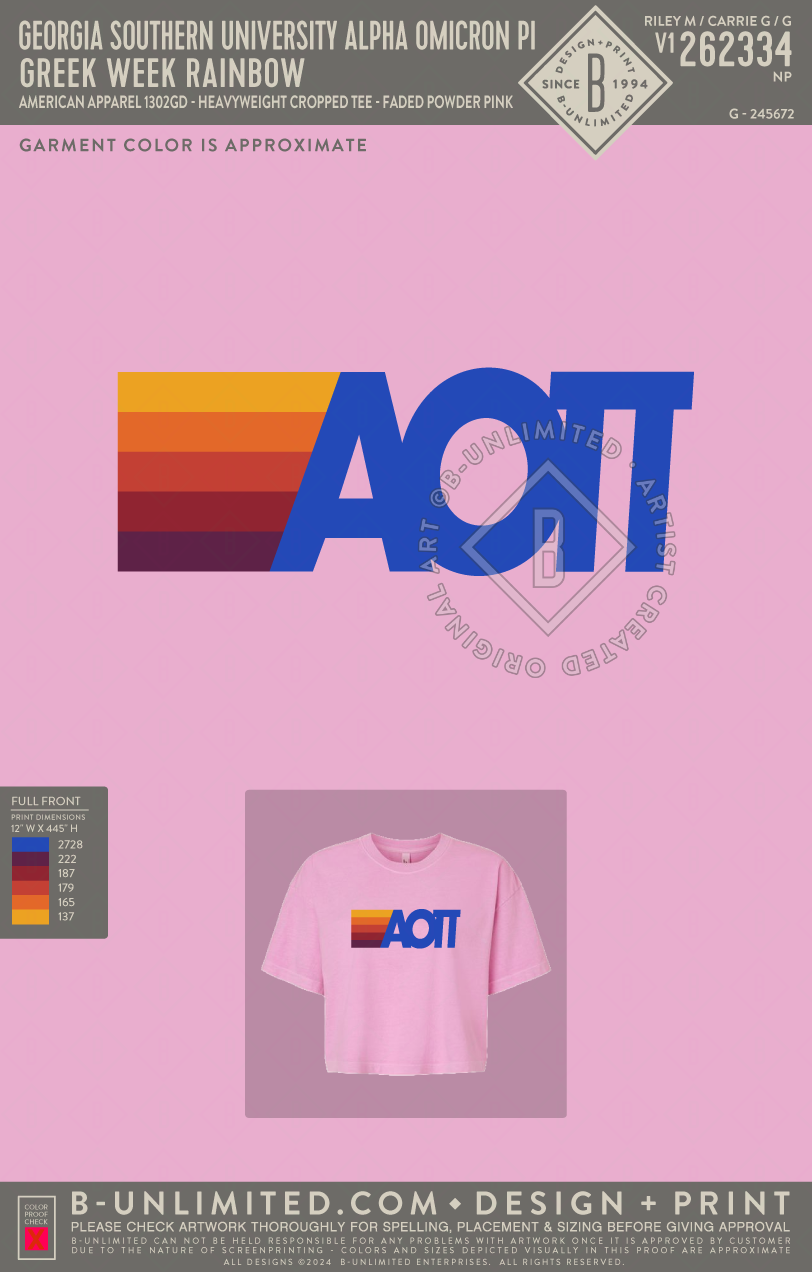 Georgia Southern University Alpha Omicron Pi - Greek Week Rainbow - American Apparel Women's Garment-Dyed Heavyweight Cropped Tee - 1302GD - Faded Powder Pink