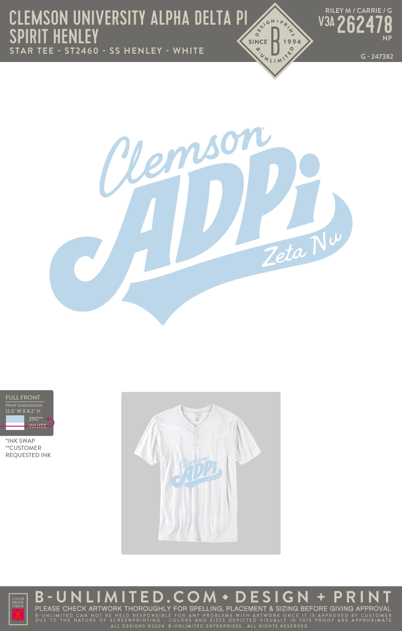 Clemson University Alpha Delta Pi - Spirit Henley - Star Tee - ST2460 - SS Henley - White