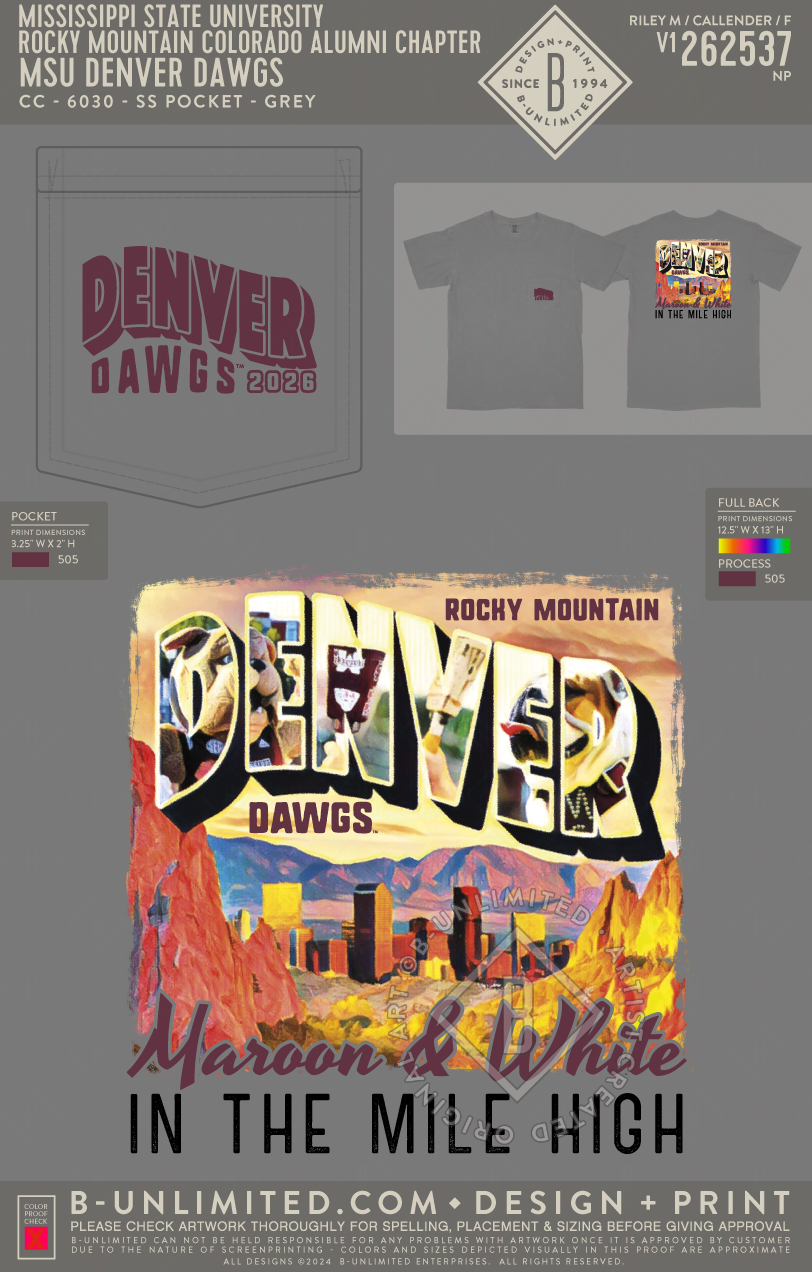 Mississippi State University Rocky Mountain Colorado Alumni Chapter - MSU Denver Dawgs - CC - 6030 - SS Pocket - Grey