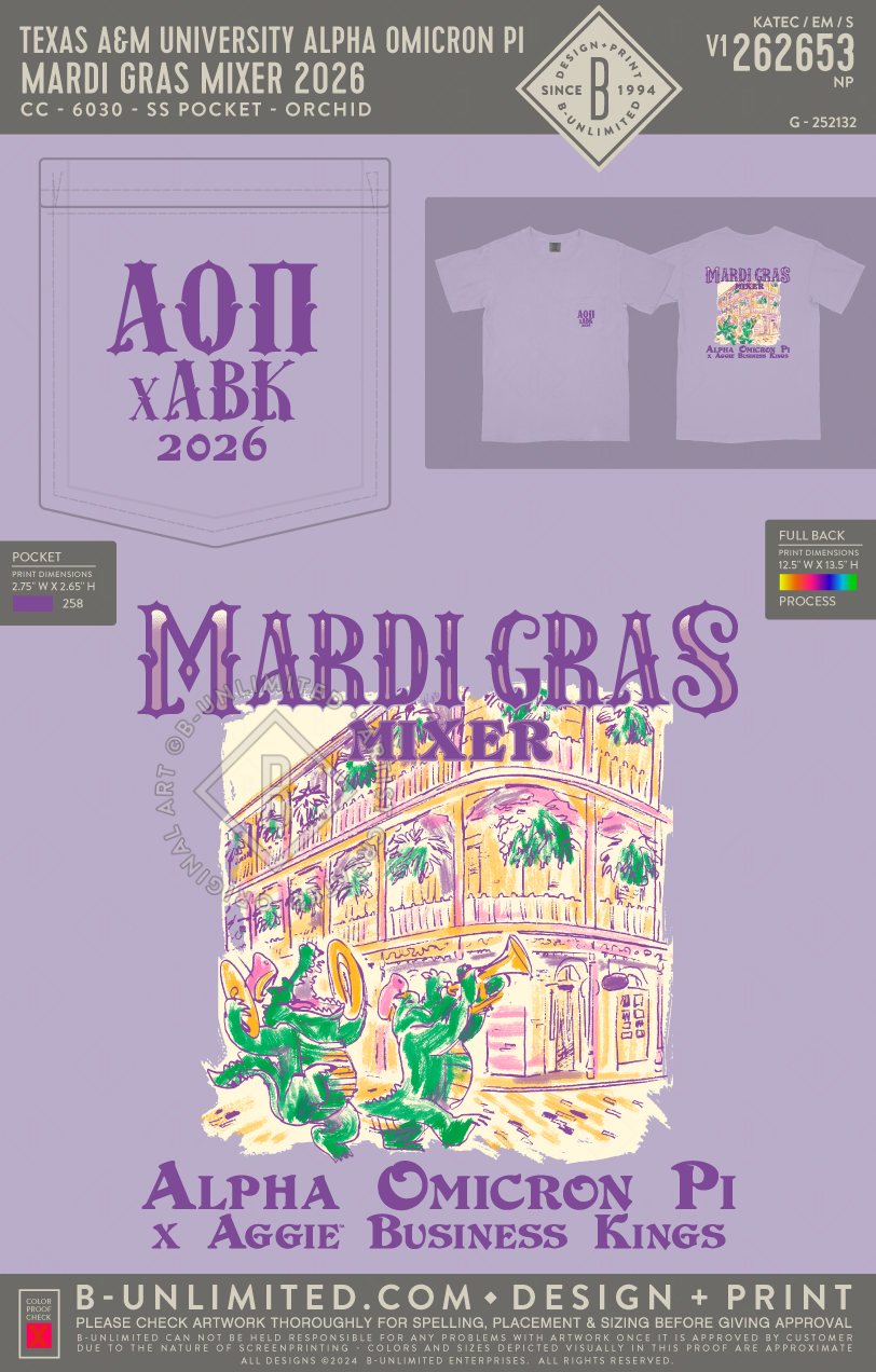 Texas A&M University Alpha Omicron Pi - Mardi Gras Mixer 2026 (EOS26) - CC - 6030 - SS Pocket - Orchid