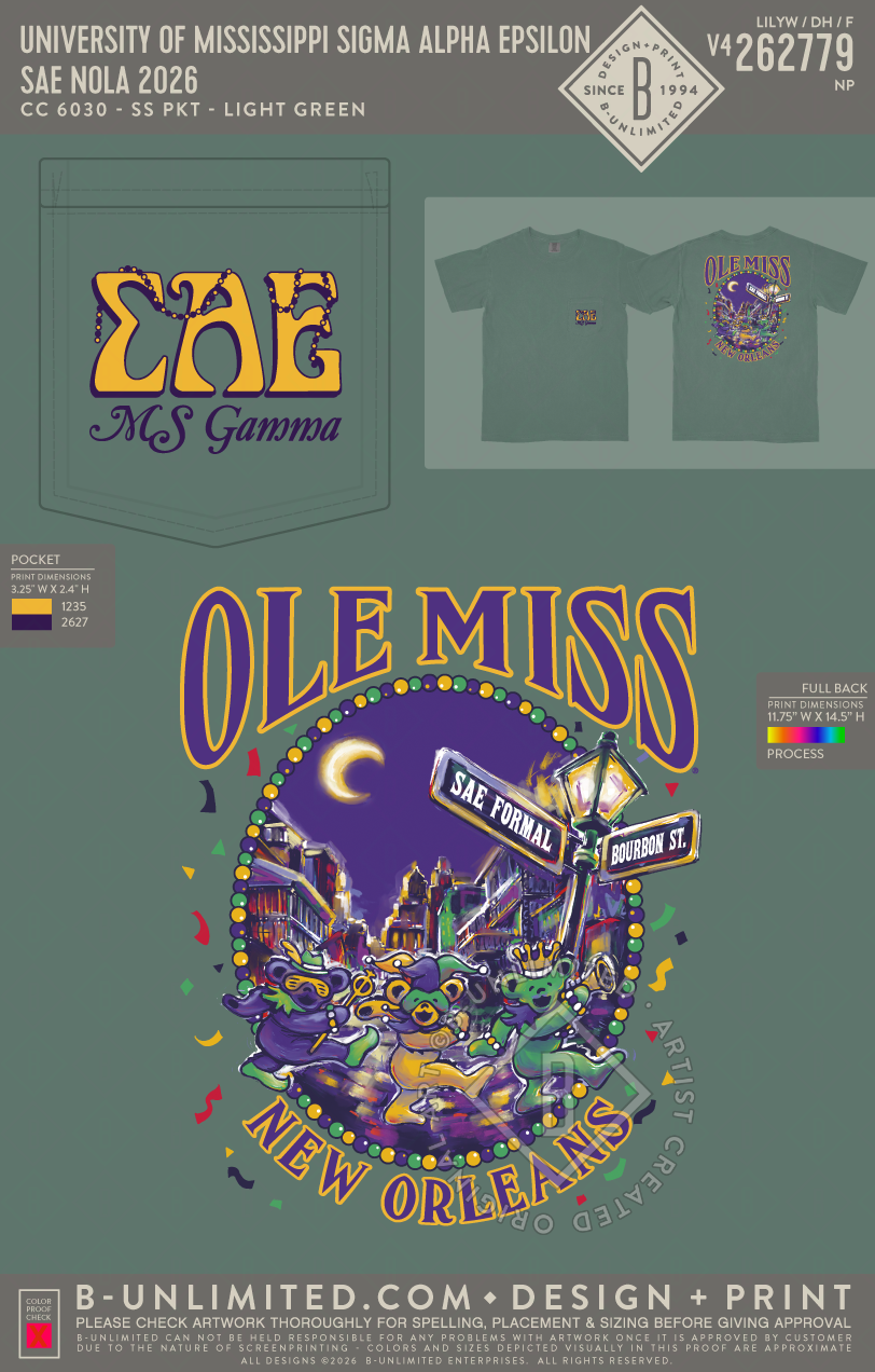 University of Mississippi Sigma Alpha Epsilon - SAE Nola 2026 - CC - 6030 - SS Pocket - Light Green