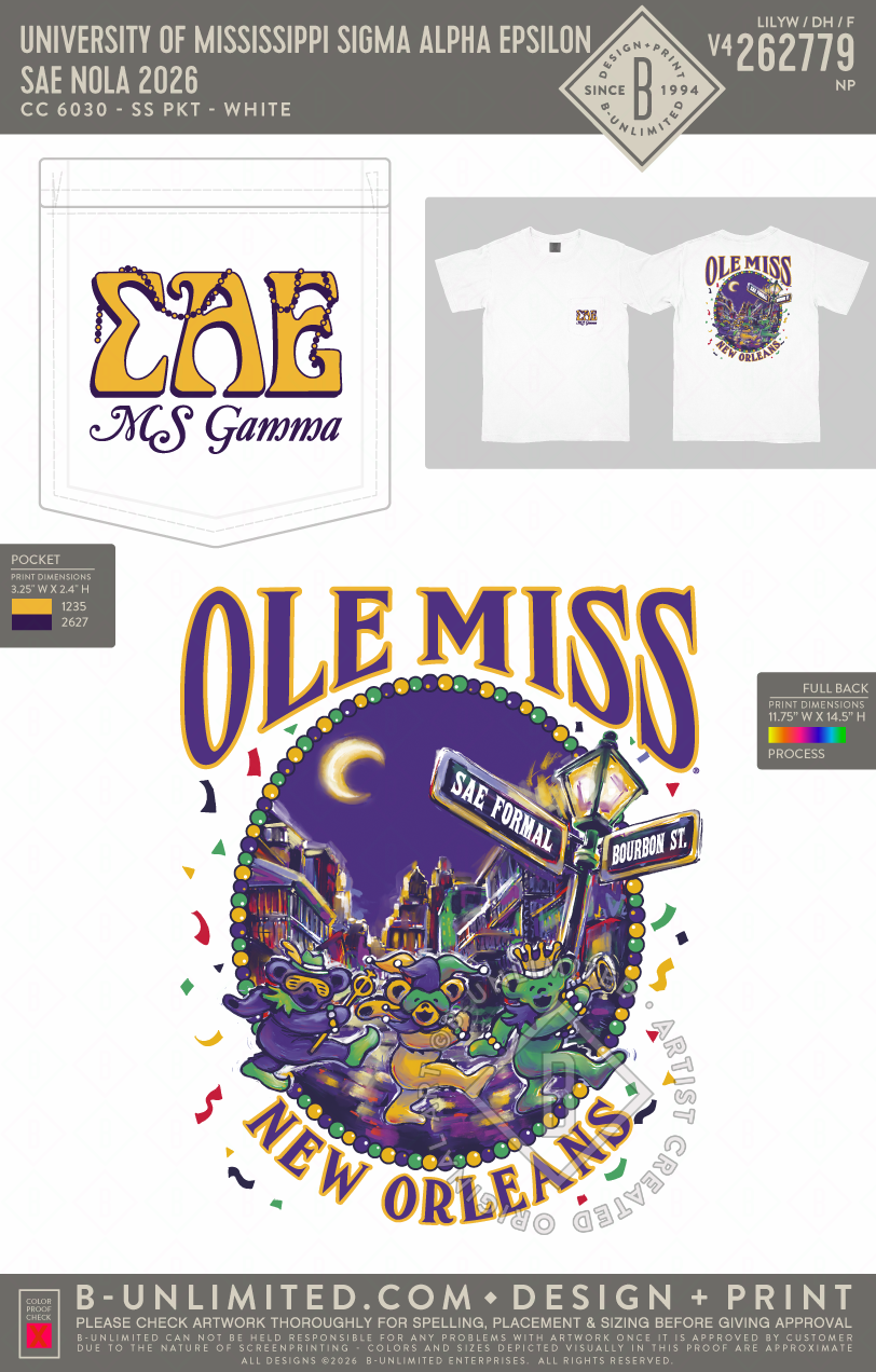University of Mississippi Sigma Alpha Epsilon - SAE Nola 2026 - CC - 6030 - SS Pocket - White