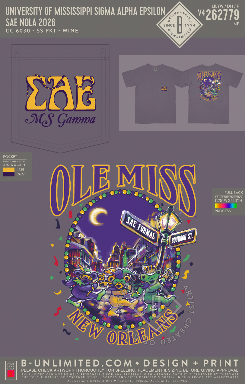 University of Mississippi Sigma Alpha Epsilon - SAE Nola 2026 - CC - 6030 - SS Pocket - Wine